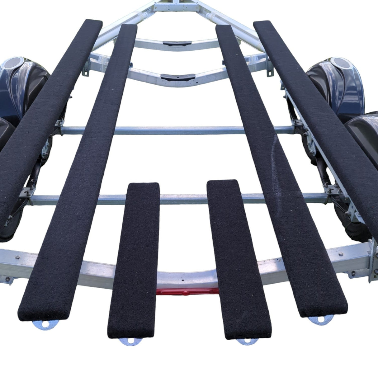 Close-up of 411Marine-installed EZ Loader bunk carpet on bunk board, highlighting tight wrap, smooth surface, and UV-resistant olefin material 209-037079-1F on trailer