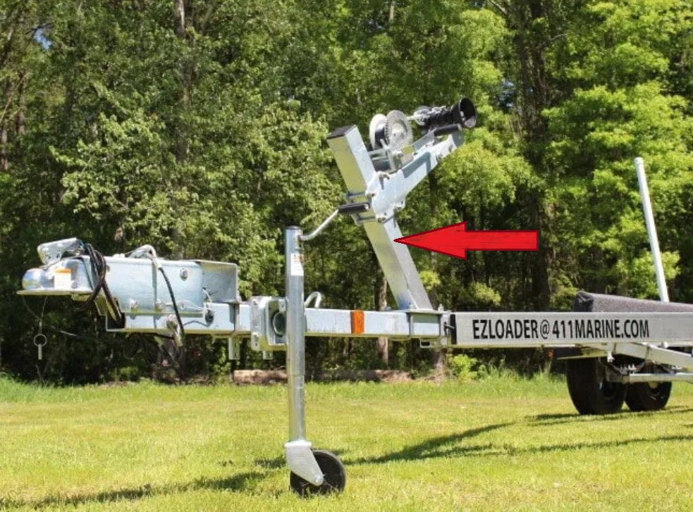 Trailer bow support area showing winch stand post, bow roller, and winch hardware