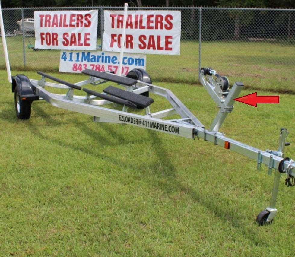 EZ Loader winch stand post mounted on smaller boat trailer with winch assembly shown
