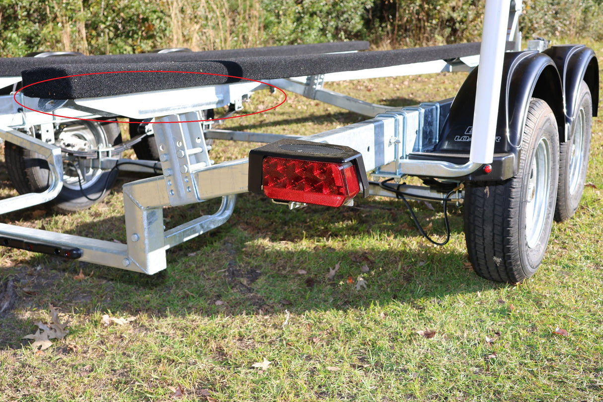 Boat trailer bunk and roller mounting hardware for inboard boat support