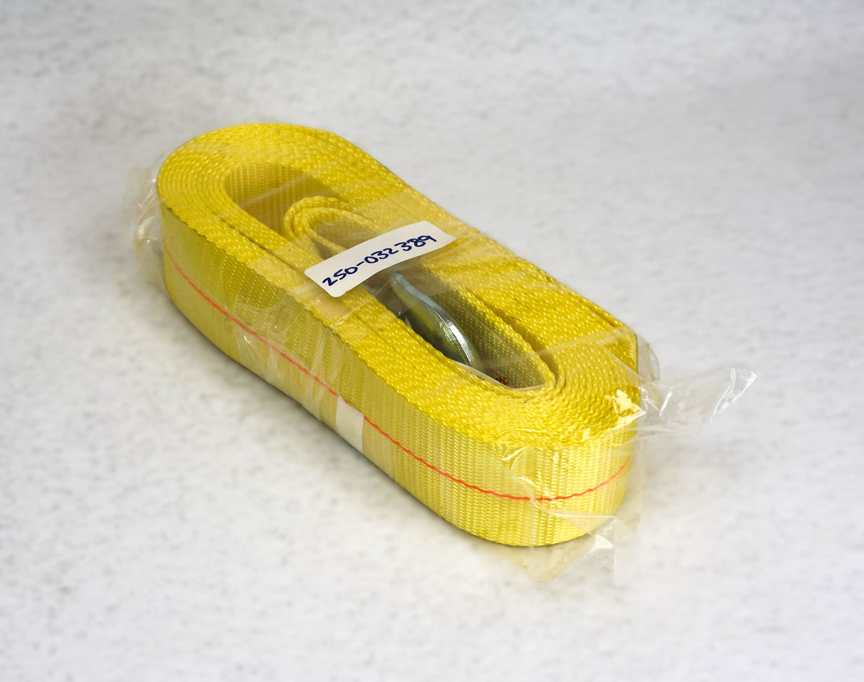 Product image of the EZ Loader 250-032389 yellow 2" wide winch strap with metal hook.