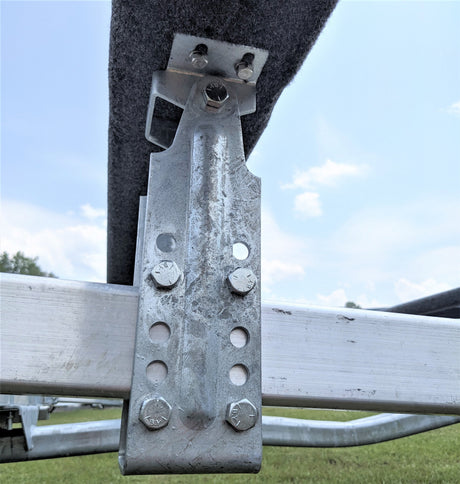 EZ Loader trailer bunk bracket mounted to frame showing adjustable support and hardware