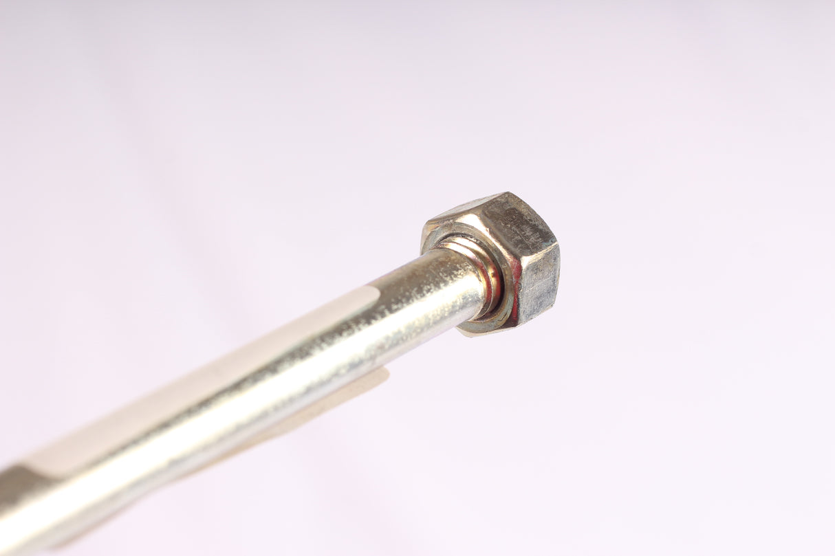 EZ Loader 1/2-13 x 25-3/4 hex head through bolt showing smooth shank and head for roller tray and bunk mounting

