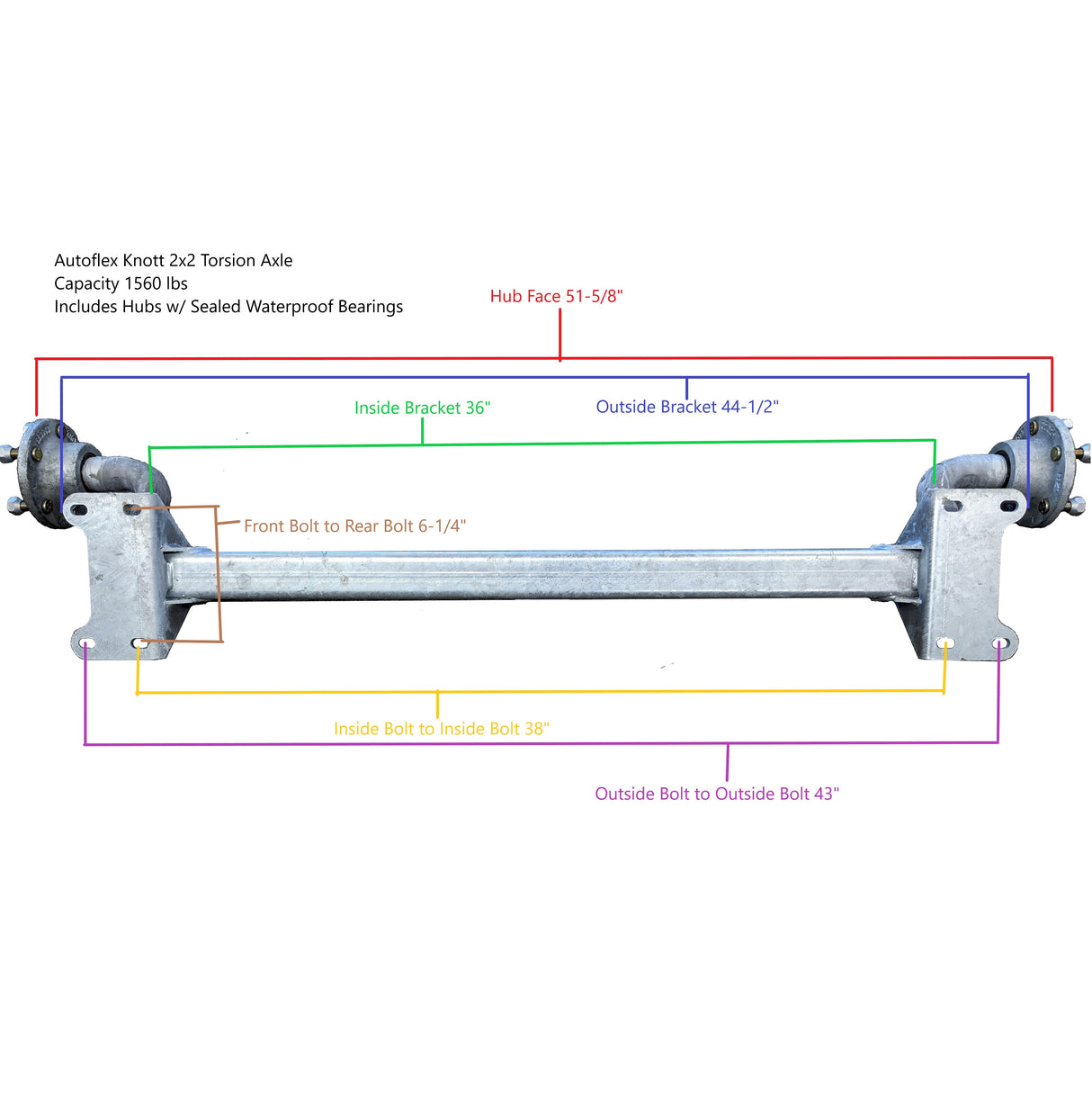 Torsion axle with detailed measurements on a white background