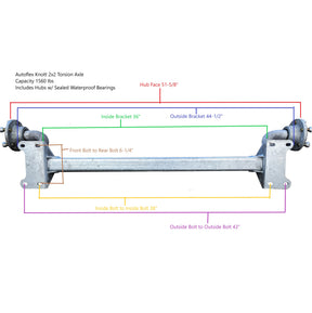 Torsion axle with detailed measurements on a white background