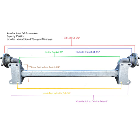 Torsion axle with detailed measurements on a white background