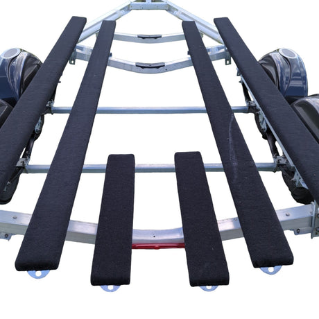 Close-up of 411Marine-installed EZ Loader bunk carpet on bunk board, highlighting tight wrap, smooth surface, and UV-resistant olefin material 209-037079-1F on trailer