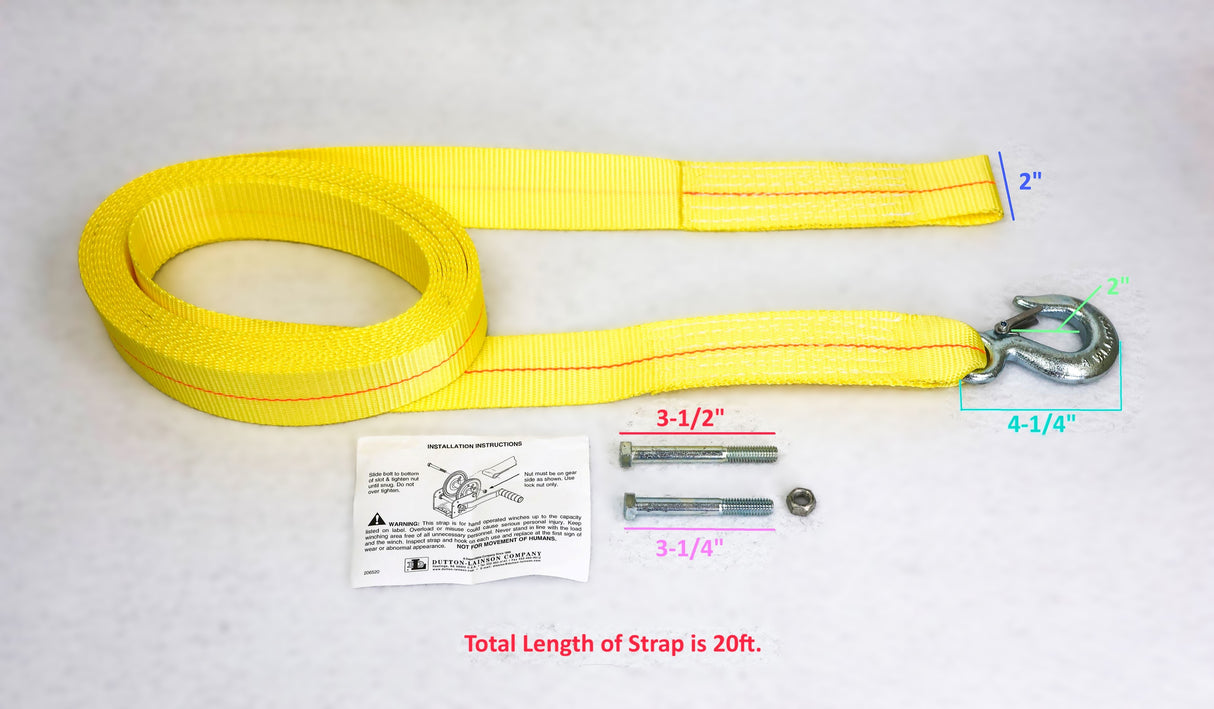 EZ Loader 250-032389 yellow 2" winch strap with metal hook for compatible EZ Loader and Fulton-style boat trailer hand winches.