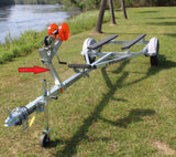 Trailer bow support area showing 3x2 winch stand post, bow roller, and winch hardware