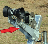 EZ Loader winch mount kit installed with bow roller, safety chain area, and winch assembly shown