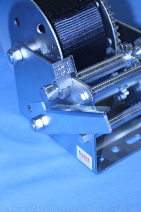 EZ Loader 3200 lb 2-speed winch with side mounted brake lever for controlled release